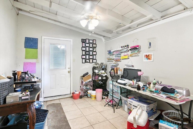 tiled office space with vaulted ceiling with beams, ceiling fan, and wooden ceiling