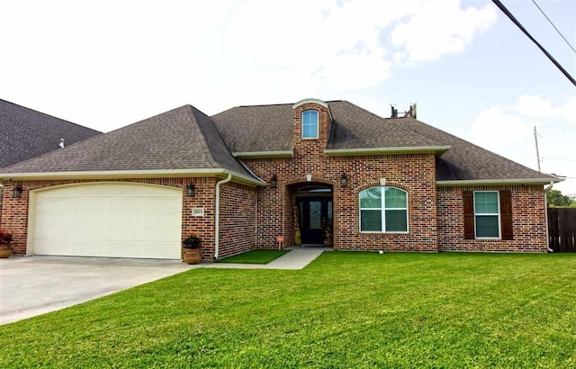 view of front of property featuring driveway, brick siding, and roof with shingles