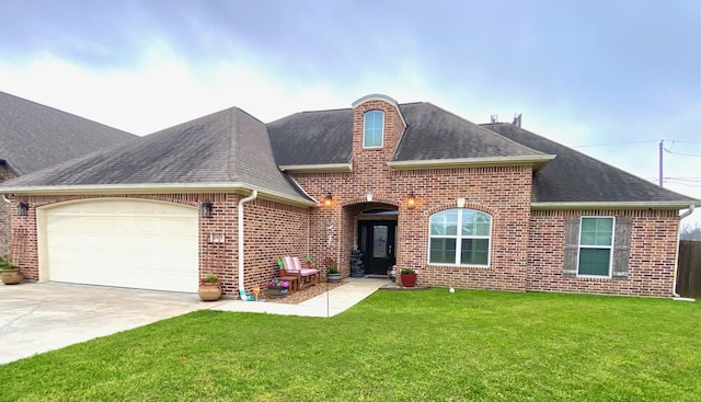 view of front of home with brick siding, concrete driveway, a front lawn, and a shingled roof