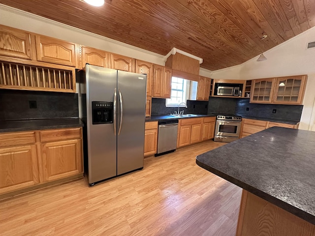 kitchen with sink, stainless steel appliances, backsplash, lofted ceiling, and wood ceiling