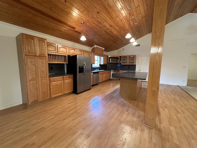 kitchen with backsplash, wood ceiling, stainless steel appliances, a kitchen island, and hanging light fixtures