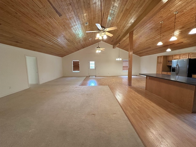 bonus room with ceiling fan, light hardwood / wood-style flooring, wood ceiling, and vaulted ceiling