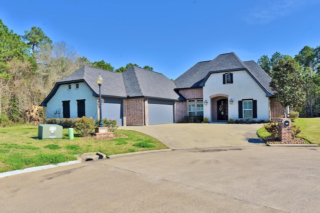 view of front of home with driveway, a shingled roof, a front lawn, a garage, and brick siding