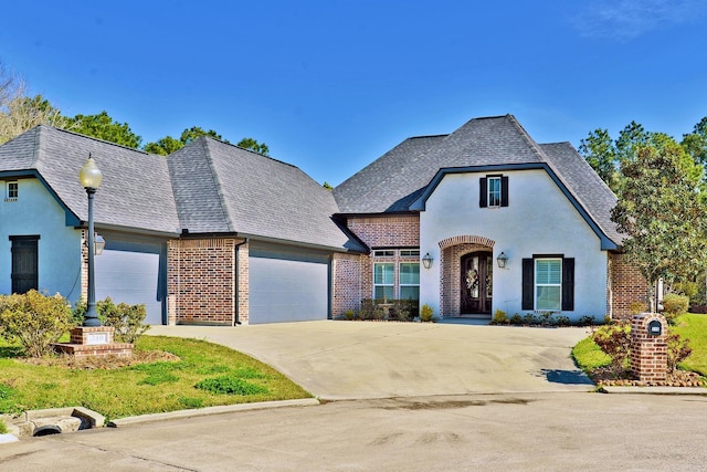 french country inspired facade featuring stucco siding, driveway, an attached garage, a shingled roof, and brick siding