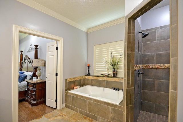 full bathroom featuring a walk in shower, crown molding, a garden tub, ensuite bathroom, and a textured ceiling