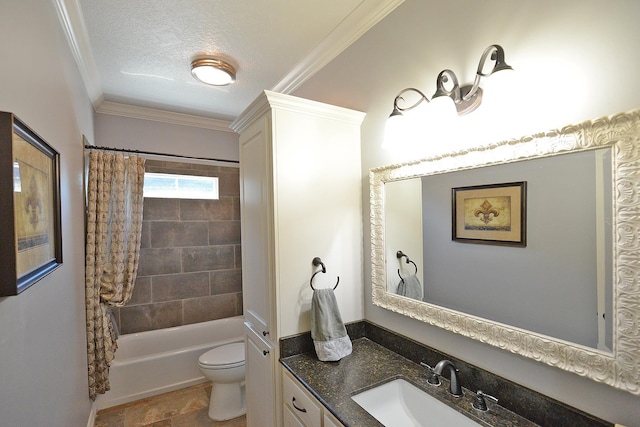 bathroom with crown molding, toilet, shower / tub combo with curtain, vanity, and a textured ceiling