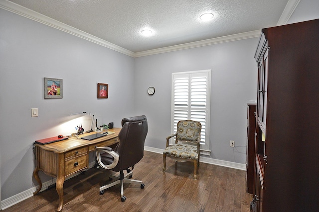 office space featuring dark wood-style floors, a textured ceiling, baseboards, and ornamental molding