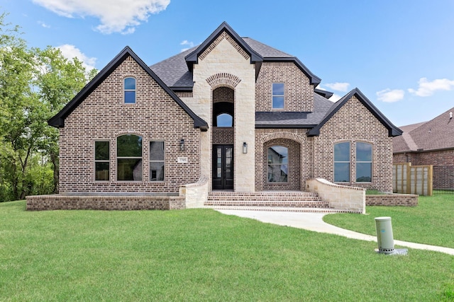 french country style house with a front lawn and french doors