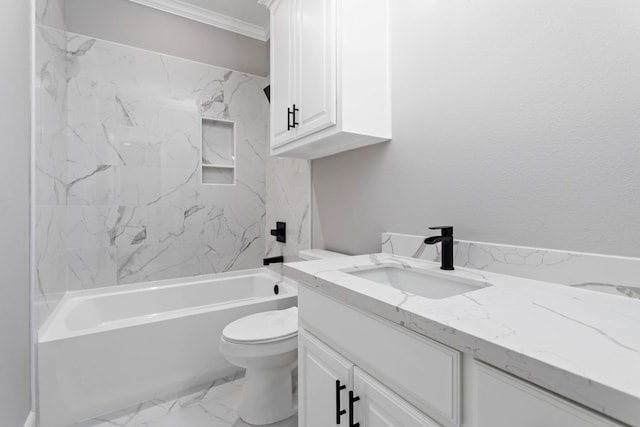 full bathroom with tiled shower / bath combo, vanity, crown molding, and toilet