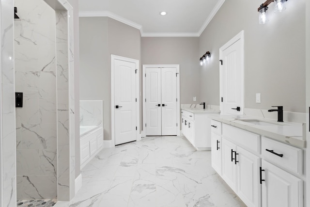 bathroom with ornamental molding, separate shower and tub, and vanity