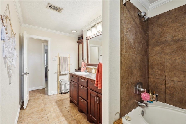 bathroom with ornamental molding, vanity, visible vents, and tile patterned floors