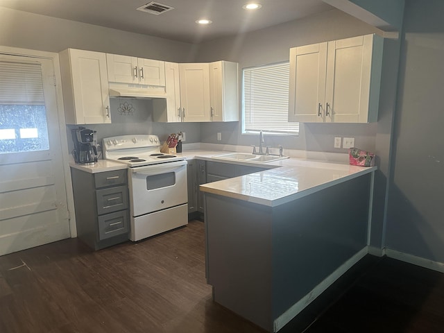 3104 Main Ave, Groves, TX 77619 - kitchen featuring white range with electric stovetop, a sink, under cabinet range hood, a peninsula, and light countertops