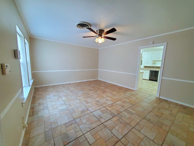 unfurnished room with ceiling fan and ornamental molding