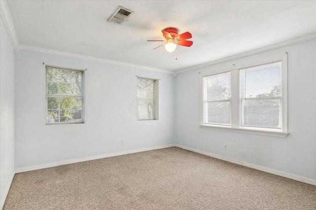 empty room featuring carpet, crown molding, and a wealth of natural light