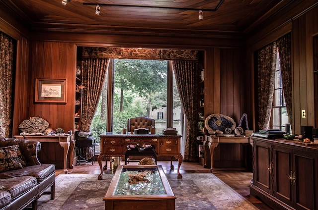 living area with parquet floors, wooden walls, and wood ceiling