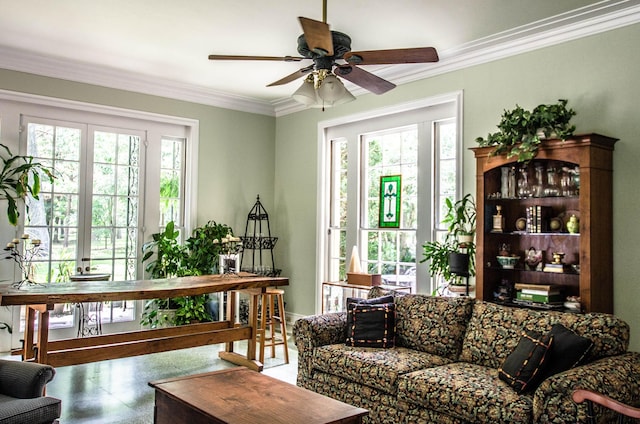 living room with ceiling fan and crown molding