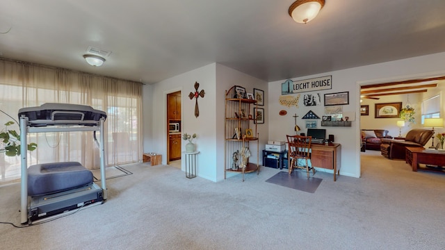 workout area with visible vents, baseboards, and carpet