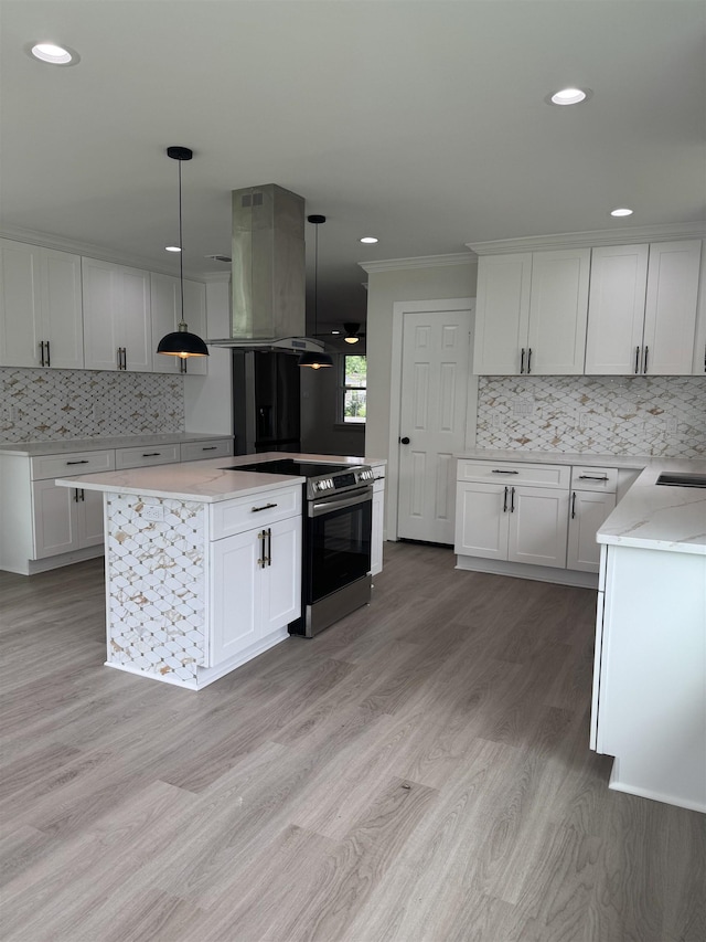 3022 S Drive, Groves, TX 77619 - kitchen featuring island range hood, ornamental molding, decorative backsplash, stainless steel electric range, and recessed lighting