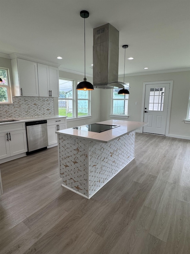 3022 S Drive, Groves, TX 77619 - kitchen with dishwasher, black electric cooktop, ornamental molding, island range hood, and light wood-style flooring