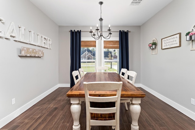 dining area featuring an inviting chandelier and dark wood-type flooring