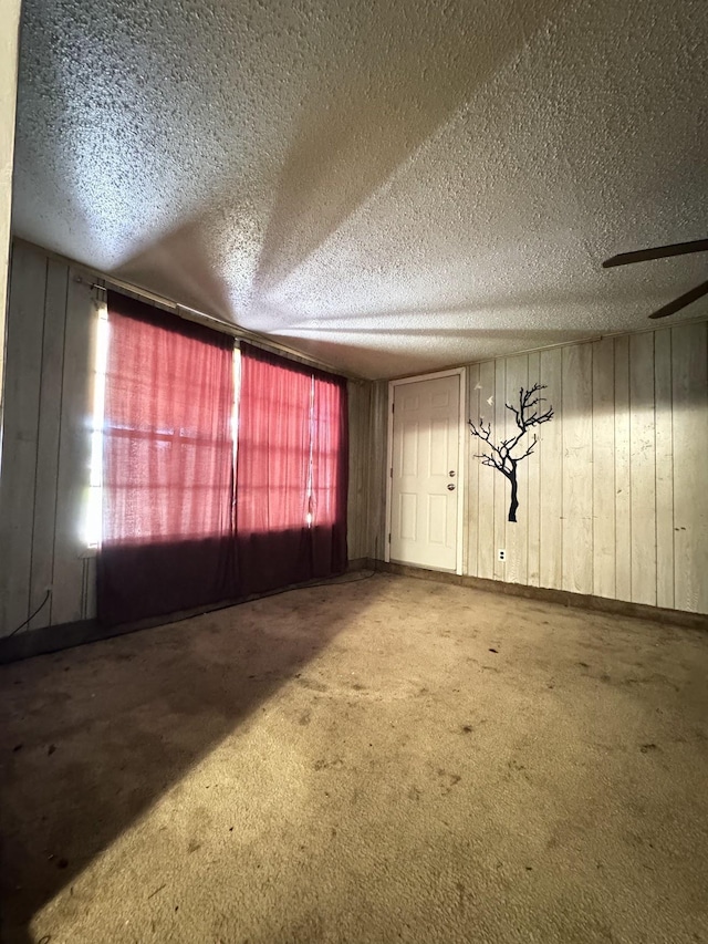 interior space with carpet flooring, a textured ceiling, and wooden walls