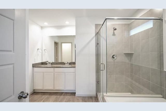 bathroom with wood-type flooring, vanity, and a shower with shower door