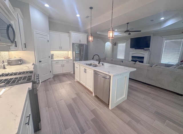 308 Long Leaf St, Silsbee, TX 77656 - kitchen featuring appliances with stainless steel finishes, a sink, ceiling fan, a fireplace, and open floor plan