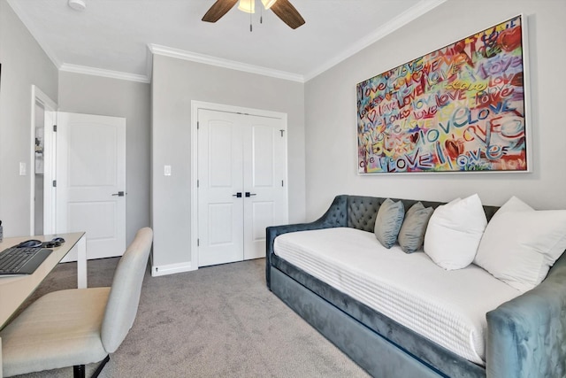3435 Grey Hawk, Beaumont, TX 77707 - carpeted bedroom with crown molding, a closet, a ceiling fan, and baseboards