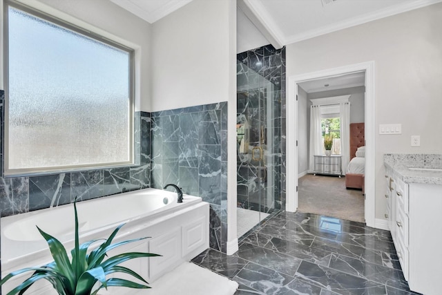 3435 Grey Hawk, Beaumont, TX 77707 - ensuite bathroom featuring a marble finish shower, a bath, ornamental molding, marble tiled flooring, and vanity