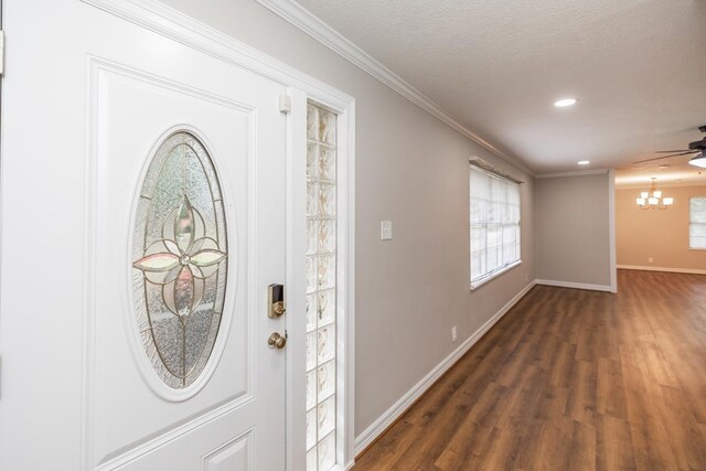 entrance foyer with a textured ceiling, ceiling fan with notable chandelier, dark hardwood / wood-style floors, and ornamental molding