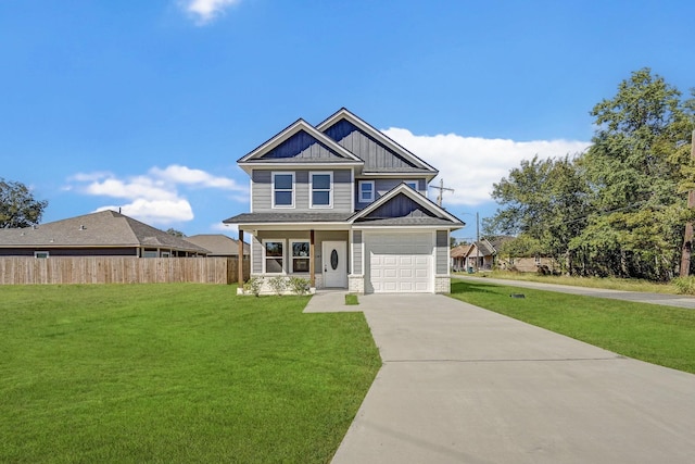 craftsman house featuring a front lawn, a porch, and a garage