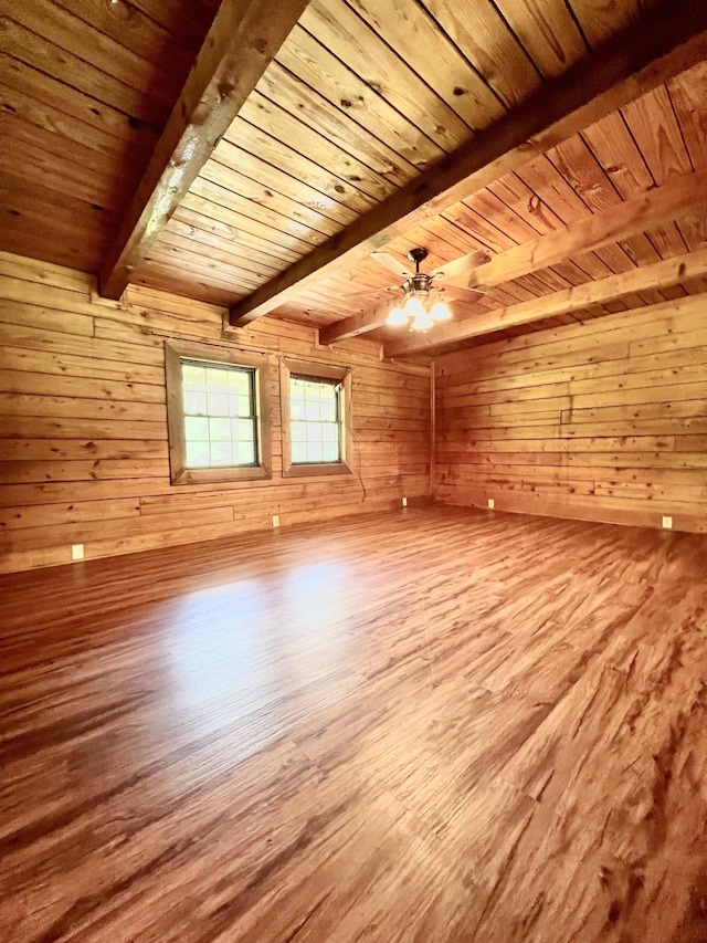 1205 Douglas St, Vidor, TX 77662 - spare room with a wooden ceiling with exposed beams, wood finished floors, wood walls, and a ceiling fan