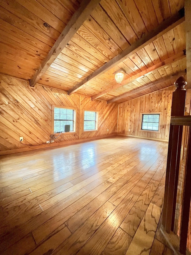 1205 Douglas St, Vidor, TX 77662 - spare room featuring a wood ceiling with exposed beams, wood-type flooring, plenty of natural light, and wood walls