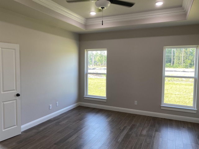 unfurnished room with dark hardwood / wood-style flooring, a tray ceiling, and ceiling fan