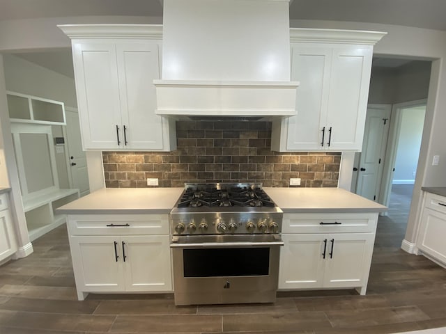 kitchen with white cabinets, high end stove, tasteful backsplash, and custom exhaust hood