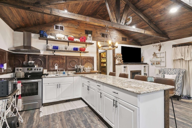 kitchen featuring white cabinets, wall chimney exhaust hood, electric stove, and wood ceiling