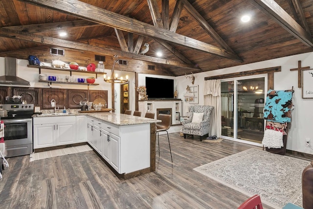 kitchen with white cabinetry, electric range, wooden ceiling, and wall chimney range hood