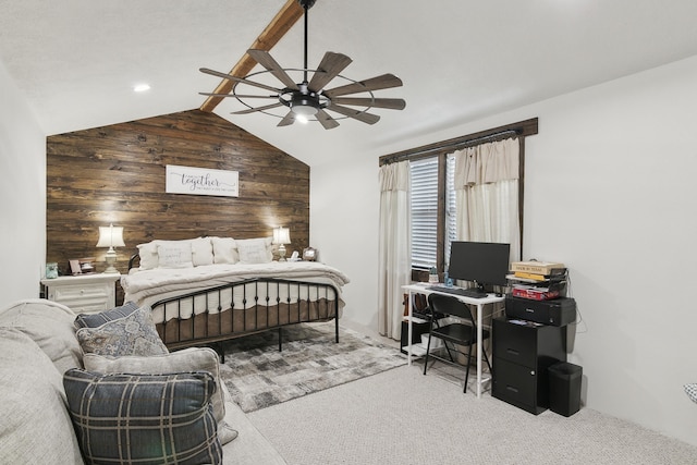 bedroom featuring carpet floors, wood walls, ceiling fan, and lofted ceiling with beams