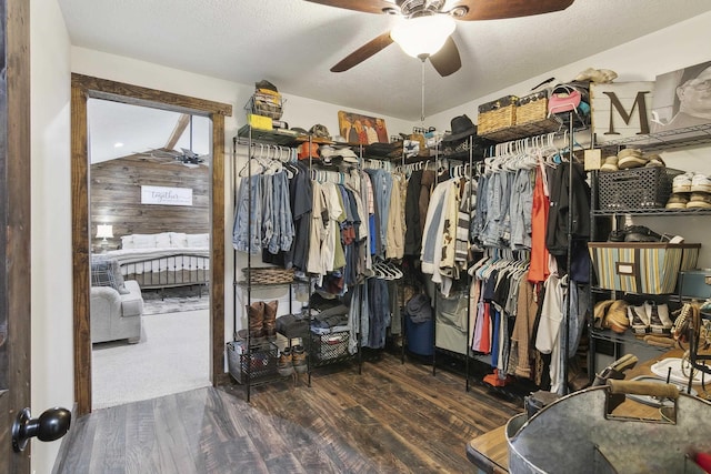 walk in closet featuring ceiling fan, dark hardwood / wood-style flooring, and lofted ceiling