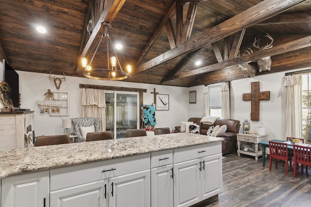 kitchen featuring lofted ceiling with beams, dark wood-type flooring, white cabinets, and wood ceiling