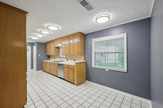 6250 Carnation Dr, Beaumont, TX 77706 - kitchen with stainless steel dishwasher, light countertops, plenty of natural light, a sink, and ornamental molding