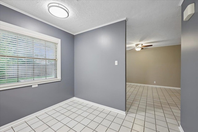 6250 Carnation Dr, Beaumont, TX 77706 - empty room with a ceiling fan, a textured ceiling, light tile patterned flooring, baseboards, and crown molding