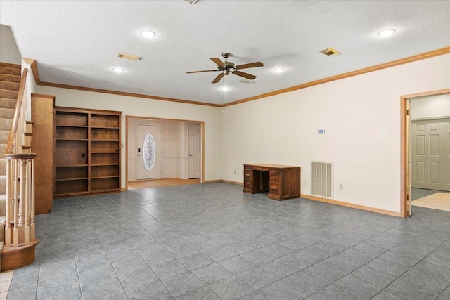 unfurnished living room with ceiling fan, crown molding, and a textured ceiling