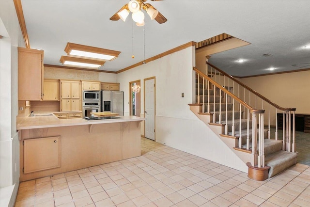 kitchen with kitchen peninsula, a kitchen bar, stainless steel appliances, crown molding, and light brown cabinets