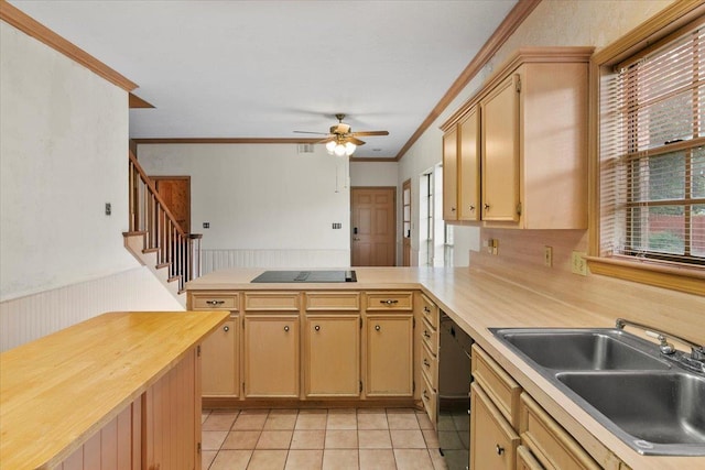 kitchen featuring ornamental molding, ceiling fan, black appliances, sink, and light tile patterned flooring