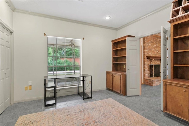 office area with crown molding and a fireplace