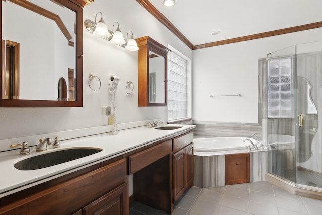 bathroom featuring tile patterned floors, vanity, independent shower and bath, and ornamental molding