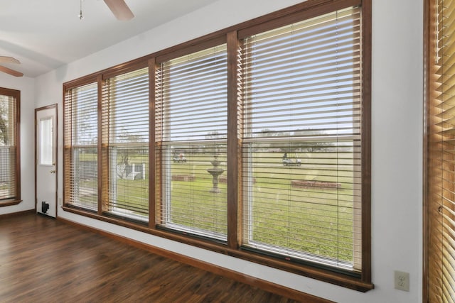 interior details featuring hardwood / wood-style floors and ceiling fan