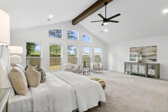 carpeted bedroom with beam ceiling, high vaulted ceiling, and ceiling fan