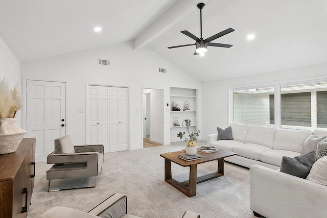 living room featuring beam ceiling, ceiling fan, built in features, high vaulted ceiling, and light carpet